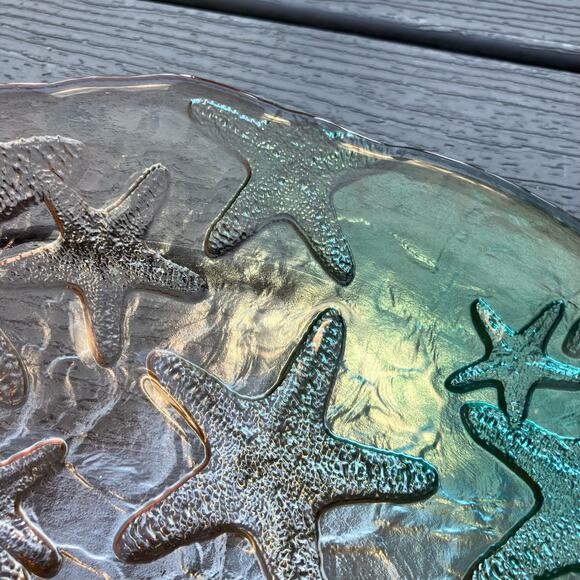 Large glass ombre starfish etched decorative bowl, mermaid fisherman nautical - Picture 8 of 12